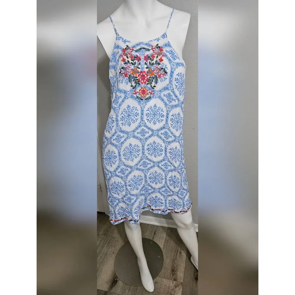 THML Boho White Seersucker Halter Dress, Embroidery, Tassles, Size XXL